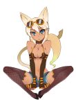  1girl animal_ears bad_id bare_shoulders belly blonde_hair blue_eyes breasts cat_ears cat_tail cleavage dark_skin denim denim_shorts elbow_gloves fang fishnet_legwear fishnet_stockings fishnets gloves hair kaiten_muten-maru kusanagi_tonbo legwear long_hair looking_at_viewer midriff navel open_clothes open_shorts shamu_meruruusa shorts simple_background slit_pupils solo stockings sunglasses sunglasses_on_head tail thighhighs tsurime white_background yellow-framed_glasses 