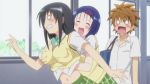 1boy 2girls animated animated_gif blue_hair blush breast_grab breasts gif grabbing kotegawa_yui multiple_girls sairenji_haruna school_uniform to_love-ru yuuki_rito