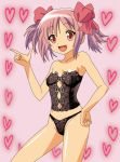 1girl :d black_panties blush female female_only gloves hand_on_hip heart kaname_madoka lingerie madoka_kaname mahou_shoujo_madoka_magica open_mouth panties pink_hair red_eyes smile solo swimsuit underwear