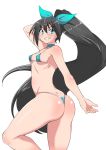 1girl ass bikini black_hair blue_eyes breasts clenched_teeth earrings erect_nipples ganaha_hibiki grin hibiki_ganaha idolmaster legs long_hair micro_bikini ponytail simple_background smile solo swimsuit tennen0201 thighs thong_bikini very_long_hair white_background