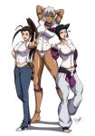 3girls ahoge anklet armlet arms_behind_head artist_name barefoot breasts brown_hair capcom casual dark-skinned_female dark_skin drill_hair elena elena_(street_fighter) fingerless_gloves full_body gloves grin hair_slicked_back height_difference high_ponytail highres huge_ahoge huge_breasts ibuki_(street_fighter) jewelry juri_han large_breasts magion02 medium_breasts midriff multiple_girls neck_ring no_pants one_eye_closed panties pointy_hair raccoon_tail shirt short_sleeves short_twintails signature smile squiggle standing street_fighter street_fighter_iii street_fighter_iv street_fighter_iv_(series) super_street_fighter_iv tail tall twin_drills twintails underwear v white_hair white_panties white_shirt wink