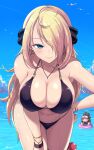  2_girls alluring big_breasts bikini blonde_hair cleavage confident cynthia cynthia_(pokemon) hair_over_one_eye hand_on_hip hand_on_leg hand_on_own_leg hand_on_own_thigh hand_on_thigh hilda hilda_(pokemon) kasai_shin leaning_forward light-skinned_female light_skin long_hair nintendo pokemon pokemon_bw pokemon_dppt pose posing seductive seductive_smile sensual shirona_(pokemon) smile touko touko_(pokemon) 