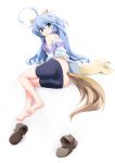  1girl ahoge animal_ears ass barefoot bike_shorts blue_hair feet fox_ears green_eyes grune grune_(artist) high_res highres legs long_hair lying nana_muted_xilofon on_side original shoes_removed shorts shorts_pull solo tail 