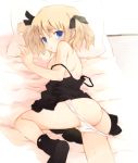 1girl :< ass bed black_legwear blonde_hair blush breasts copyright_request footwear hair_ribbon kurasuke legs looking_at_viewer looking_back lying nipples off_shoulder panties panty_down panty_pull ribbon short_hair socks solo strap_slip sweat tears twin_tails twintails underwear white_panties