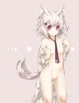 1girl animal_ears arutoria blush breasts dots erect_nipples navel neck_tie necktie nipples nude open_clothes original red_eyes short_hair simple_background solo tail uncensored white_hair wolf_ears wolf_tail