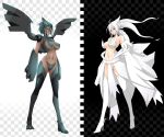  2_girls 2girls anthrofied armor bare_shoulders black_hair blue_eyes boots breasts choker dark_skin detached_sleeves emukon high_heel_boots high_heels high_res highres humanized long_hair multiple_girls navel parted_lips pokemon red_eyes reshiram shiny shiny_clothes shiny_skin short_hair standing thigh_boots thighhighs thong white_hair wings zekrom 