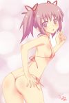 ass bikini flat_chest gradient gradient_background hair_ribbon highres kaname_madoka lkakeu looking_back madoka_kaname mahou_shoujo_madoka_magica micro_bikini nail_polish panties pink_eyes pink_hair ribbon short_hair short_twintails small_breasts solo string_bikini swimsuit thong thong_bikini twintails umyonge_(lkakeu) underwear