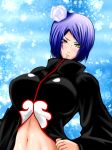 1girl bad_id big_breasts blue_hair breasts cloak hair hair_ornament horny konan labret_piercing large_breasts lipstick midriff naruto naruto_shippuden piercing pixiv_thumbnail purple_hair resized saogokushi short_hair solo yellow_eyes