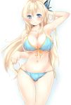  1girl armpits big_breasts bikini blonde_hair blue_eyes boku_wa_tomodachi_ga_sukunai breasts butterfly_hair_ornament cleavage curvy eon_(bottomline) hair_ornament hand_in_hair high_res highres hips kashiwazaki_sena large_breasts long_hair side-tie_bikini simple_background solo standing swimsuit thigh_gap tomohiro_kai wet white_background wide_hips 