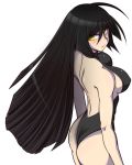 1girl ass bad_id bare_back bare_hips bare_shoulders black_hair breasts female hakurei_miko halterneck highres large_breasts leotard long_hair looking_back m.u.g.e.n one-piece_thong original sendai_hakurei_no_miko sideboob solo tai_takeshi touhou underwear underwear_only yellow_eyes