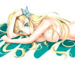 1girl blonde_hair boku_wa_tomodachi_ga_sukunai breasts butterfly green_eyes hair_ornament high_res highres kashiwazaki_sena long_hair lying nipples nude on_stomach shigemiya_kyouhei solo