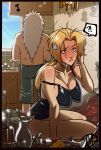  !? 1boy 1girl blonde_hair blush bottomless breasts brown_eyes cleavage ganassa hangover highres huge_breasts jiraiya kitchen lips long_hair naruto no_panties pantsless ponytail shirtless shorts slap_mark sweat_drop sweatdrop tsunade whistling white_hair 