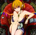 1girl :q adult alternate_breast_size armchair big_breasts blonde_hair book breasts chair cleavage earrings female flandre_scarlet gem hair high_res highres huge_breasts jewelry jewels large_breasts md5_mismatch nail_polish older pointy_ears ponytail red_eyes red_nails red_upholstery reri short_hair side_ponytail sitting skull solo tongue tongue_out touhou