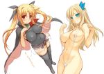 2girls aqua_eyes areola areola_slip areolae arms_up bad_id big_breasts black_legwear blonde_hair blush boku_wa_tomodachi_ga_sukunai breasts butterfly_hair_ornament cape crossover erect_nipples fate_testarossa from_above hair hair_ornament hair_ribbon himukai_kyousuke kashiwazaki_sena large_breasts legs looking_up lyrical_nanoha mahou_shoujo_lyrical_nanoha multiple_girls nipples red_eyes ribbon sling_bikini stockings swimsuit thighhighs thighs twin_tails twintails