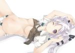 1girl animal_ears arutoria breasts cat_ears long_hair lying navel one_eye_closed original panties purple_eyes ribbon side-tie_panties silver_hair solo twin_tails twintails underboob underwear wink