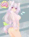 1girl animal_ears ass bottomless breasts floral_background flower hair_ribbon lavender_hair long_hair looking_back mokomoko_yanakku naked_shirt open_clothes open_shirt original purple_eyes ribbon shirt solo tail turning white_shirt