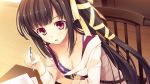  belt black_hair blush bra breasts brown_hair chair cleavage desk down_blouse game_cg hair_ribbon koikishi_purely_kiss lace lingerie long_hair open_mouth paper pen red_eyes ribbon shidou_mana solo underwear yuuki_hagure 