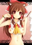  1girl animal_ears bell bow breasts brown_hair cat_ears female gohei hair_bow hakurei_reimu kemonomimi_mode long_hair navel nikoo nipples red_eyes shirt_lift solo touhou 