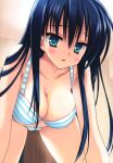 1girl absurd_res absurdres aqua_eyes black_hair blue_hair blush bra breasts copyright_request green_eyes hanging_breasts high_res highres lingerie long_hair muririn panties solo source_request striped striped_bra striped_panties underwear underwear_only