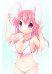 1girl animal_ears bare_shoulders belly big_breasts bikini bow breasts bunny_ears bunny_tail cleavage front-tie_top hair highres large_breasts light_smile long_hair mani navel no_nose original pink_eyes pink_hair sakura_(mani) shiny shiny_skin sideboob skindentation solo strap_gap swimsuit tail usashiro_mani