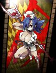  1girl blue_hair breasts cleavage cross eyepatch gloves hair_over_one_eye hat lab_zero_games large_breasts mask nurse nurse_cap polearm red_eyes revision saw skullgirls solo spear valentine_(skullgirls) weapon yukataro 