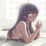 1girl ao_usagi backlighting blanket blush breasts brown_hair cleavage covering face female hair_tubes hakurei_reimu hands hands_together long_hair looking_at_viewer lying naked_sheet nude nude_cover on_stomach own_hands_together reimu_hakurei sideboob solo steepled_fingers sweat sweatdrop touhou yellow_eyes