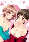  2girls bad_id bare_shoulders big_breasts blush breasts brown_eyes brown_hair clothes_down clothing_down collarbone female flower hair hair_flower hair_ornament hair_up hanasaku_iroha japanese_clothes large_breasts matsumae_ohana miiru multiple_girls nipples no_bra off_shoulder off_shoulders oshimizu_nako short_hair small_breasts sweat sweatdrop undressing 