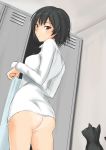 1girl ai_nanasaki amagami ass black_eyes black_hair bottomless brown_eyes cat face locker looking_back md5_mismatch murasaki_iro nanasaki_ai no_pants puu_(amagami) shirt short_hair solo tan_line towel