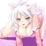  1girl all_fours animal_ears bakemonogatari big_breasts black_hanekawa breasts cat_ears cat_eyes cleavage erect_nipples fangs hanekawa_tsubasa hanekawa_tsubasa_(cat) large_breasts long_hair monogatari_(series) nekomonogatari pajamas slit_pupils solo tsubasa_hanekawa urase_shioji white_hair yellow_eyes 