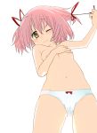 1girl arm_up blush breasts brown_eyes covering covering_breasts hair_ribbon kaname_madoka korobu_(madob) madoka_kaname mahou_shoujo_madoka_magica navel nipple_slip nipples panties panties_only pink_hair ribbon short_hair short_twintails solo sweatdrop topless twintails underwear underwear_only untying wince