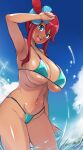  1girl alluring big_breasts bikini blue_eyes breasts cleavage game_freak long_hair maki_ikazuya nintendo pokemon pokemon_(anime) pokemon_bw pokemon_rse_(anime) red_hair skyla skyla_(pokemon) tan tan-skinned_female tanned_skin thick_thighs underboob wide_hips 