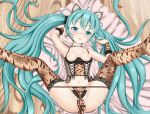  1girl animal_ears aqua_eyes aqua_hair bad_id blush bra breasts cat_ears cat_tail choker cupless_bra hatsune_miku leopard_ears leopard_print leopard_tail long_hair lowleg lowleg_panties lying miku_hatsune navel nipples oberssa on_back panties panty_pull print_legwear print_panties printed_panties pussy small_breasts solo spread_legs stockings tail thighhighs thong twin_tails twintails uncensored underwear very_long_hair vocaloid wooden_floor 