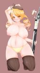 blonde_hair breasts drill_hair gun hat huge_breasts kneel legwear mahou_shoujo_madoka_magica mami_tomoe navel panties solo stockings topless twin_drills weapon yellow_eyes yellow_panties