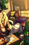  alcohol baggy_pants barefoot capcom chopsticks crossed_arms crossed_legs cup drill_hair edwin_huang feet food halter_top halterneck han_juri highres korean legs_crossed pants pov_feet related sake sitting smile soju soles soup street_fighter street_fighter_iv super_street_fighter_iv toeless_socks toes twin_drills 