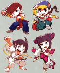 2girls antenna_hair baggy_pants bare_shoulders barefoot baseball_cap bridal_gauntlets brown_hair capcom chinese_clothes clenched_hands dougi drill_hair fighting_stance grey_background hair_over_one_eye halter_top halterneck hat juri_han makoto makoto_(street_fighter) multiple_boys multiple_girls muscle oetarou open_mouth pants pointy_hair short_hair shouting simple_background skateboard standing_on_one_leg street_fighter street_fighter_iii street_fighter_iii:_3rd_strike street_fighter_iv super_street_fighter_iv twin_drills yang_lee yun_lee