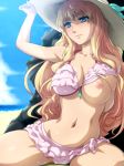  1girl beach bikini bikini_lift bikini_skirt blonde_hair blue_eyes breast_slip breasts breasts_outside cleavage frilled_bikini frills hairu hat jewelry large_breasts long_hair macross macross_frontier navel necklace nipples one_breast_out sand sheryl_nome shiny shiny_skin sky solo sweatdrop swimsuit 