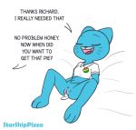  3_toes after_sex bedroom bottomless closed_eyes cum_drip cum_inside english_dialogue father furry laying_on_bed leg_spread milf nicole_watterson no_panties parent pubic_hair richard_watterson satisfied shirt the_amazing_world_of_gumball 