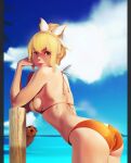  1girl 1girl alluring animal ass bare_shoulders bikini blonde_hair breasts cassandra_alexandra green_eyes hair_ribbon leaning_forward looking_at_viewer looking_back medium_breasts ocean orange_bikini ponytail ribbon sideboob silf soul_calibur soulcalibur soulcalibur_vi standing swimsuit voluptuous 