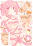  1girl ahoge ayasia bad_id breasts cake_(food) candy doughnut food frosting inu_x_boku_ss midriff naked_ribbon navel nude pink_eyes pink_hair pudding ribbon roromiya_karuta slice_of_cake strawberry tanuki twin_tails twintails watanuki_banri 