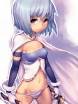  1girl belly blue_eyes blue_hair breasts cloak dual_wielding elbow_gloves fumio_(rsqkr) gloves groin hair humio looking_at_viewer mahou_shoujo_madoka_magica midriff miki_sayaka mound_of_venus navel nipples no_pants panties sayaka_miki short_hair smile smirk solo striped striped_panties sword underwear weapon 