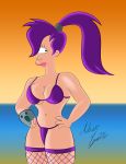  black_eyes breasts cleavage cyclops eyelashes futurama lipstick one_eye panties ponytail purple_hair purple_panties smile solo stockings turanga_leela underwear 