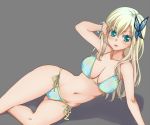  1girl arm_support bare_shoulders bikini blonde_hair blue_eyes blush boku_wa_tomodachi_ga_sukunai bracelet breasts butterfly butterfly_hair_ornament cleavage green_eyes hair_ornament halterneck hips jewelry kashiwazaki_sena kawagoe_pochi long_hair lying navel on_side parted_lips shiny shiny_skin side-tie_bikini smile solo strap_gap swimsuit 