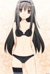 1girl akemi_homura arms_behind_back asymmetrical_clothes asymmetrical_clothing bare_shoulders black_bra black_hair black_legwear black_panties black_thighhighs bra hairband head_tilt headband homura_akemi lace lace-trimmed_bra lace-trimmed_thighhighs lingerie long_hair mahou_shoujo_madoka_magica navel panties parted_lips purple_eyes sakebuotoko signature single_thighhigh solo standing thighhighs thighs underwear underwear_only