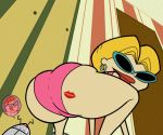 ass bent_over big_ass blonde_hair bracelet closed_eyes dexter dexter's_laboratory ear_piercing earring jewelry lipstick_mark looking_back looking_down neighbor_lady orange_hair panties piercing short_hair smile sunglasses underwear wide_hips zoda-x_(artist)