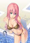  aqua_eyes arm arm_support bare_arms bare_legs bare_shoulders bikini breasts brown_bikini brown_swimsuit cleavage female hair_between_eyes highres large_breasts legs long_hair looking_at_viewer looking_up luka_megurine megurine_luka midriff navel open_mouth pinakes pink_hair pool shiny shiny_hair solo swimming_pool swimsuit vocaloid water wet 