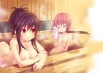  2girls alternate_hairstyle arched_back ass bath bathing big_breasts black_hair blush breasts brown_hair female flat_chest hair hair_up haruki_minamura komeiji_satori large_breasts long_hair minamura_haruki multiple_girls nipples nude onsen pink_hair red_eyes reiuji_utsuho satori_komeiji shared_bathing short_hair sitting small_breasts smile steam touhou towel water 