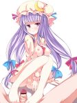 1girl bad_id barefoot between_breasts blue_bow blue_ribbon blush bottomless bow breasts breasts_outside censored crescent crescent_moon feet footjob hair_ribbon hat hat_ribbon large_breasts long_hair looking_away moon nipples pajamas patchouli_knowledge penis pointless_censoring purple_eyes purple_hair pussy red_bow red_ribbon ribbon solo solo_focus the_embodiment_of_scarlet_devil touhou yako