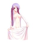 1girl absurd_res absurdres blanket breasts groin hair_ornament hair_ribbon hairclip high_res highres long_hair mound_of_venus naked_shirt nana_mikoto navel nipples no_panties open_clothes open_shirt original purple_hair red_eyes ribbon see-through shirt solo twin_tails twintails wet