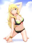 1girl abs ahoge arm_support arm_up barefoot bikini blonde_hair bracelet breasts cleavage front-tie_top green_eyes hand_behind_head hoshii_miki idolmaster jewelry kneel kneeling long_hair miki_hoshii navel one_eye_closed scrunchie smile solo sun swimsuit ueyama_michirou wink wristband