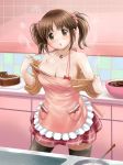  1girl :o apron black_legwear breasts brown_eyes cake_(food) chocolate_cake cleavage food idolmaster idolmaster_cinderella_girls kaze long_hair no_bra poponpin pudding short_hair sleeves_pushed_up steam stockings sweat totoki_airi twin_tails undressing zettai_ryouiki 